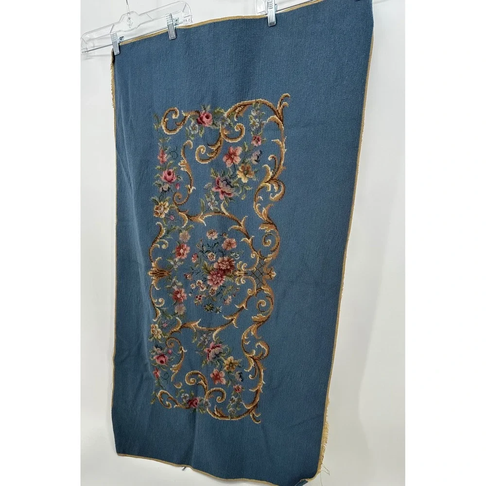 Vintage Floral Needlepoint Tapestry Panel Blue Gold Scroll 44x25.75 Textile Art